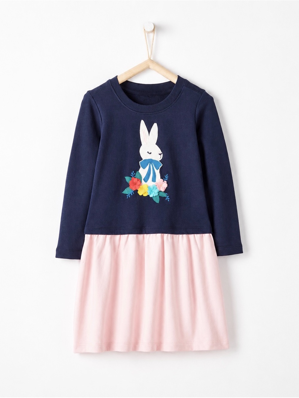 Hanna Andersson Girls Size 10 Bunny Floral Applique Dress Navy Pink